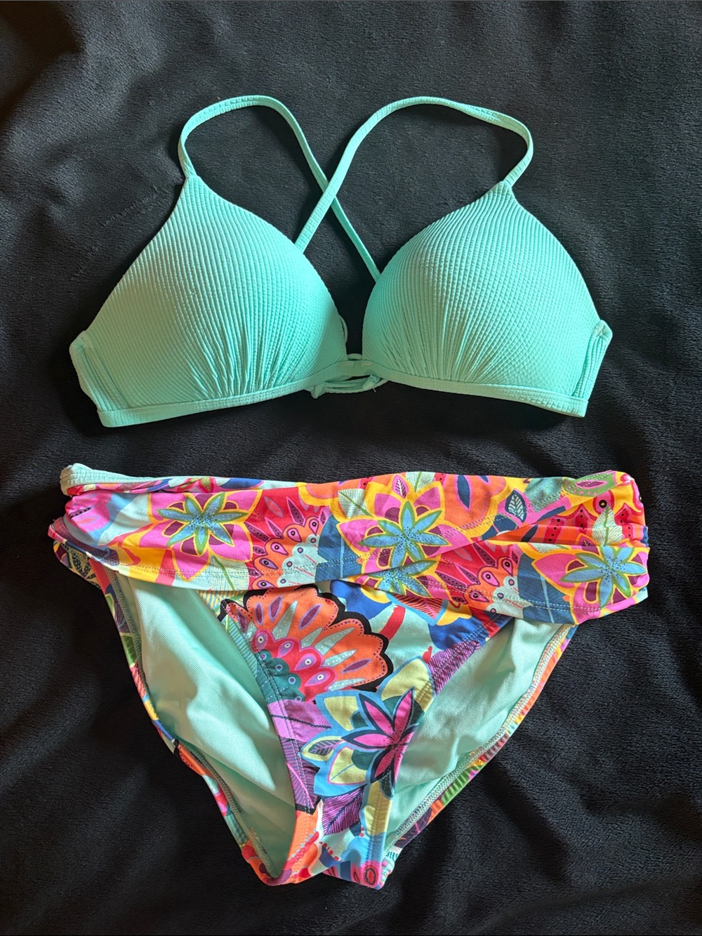 Salt + Cove Teal Textured Bikini Top with Tie Straps with Floral Print Bottoms.